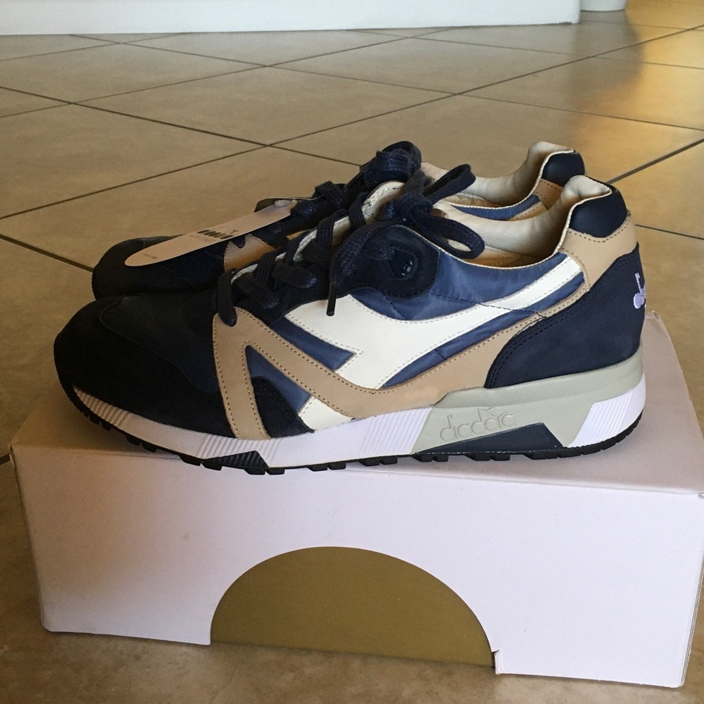 Diadora Navy, Beige and White Leather-Trim Athletic Sneakers